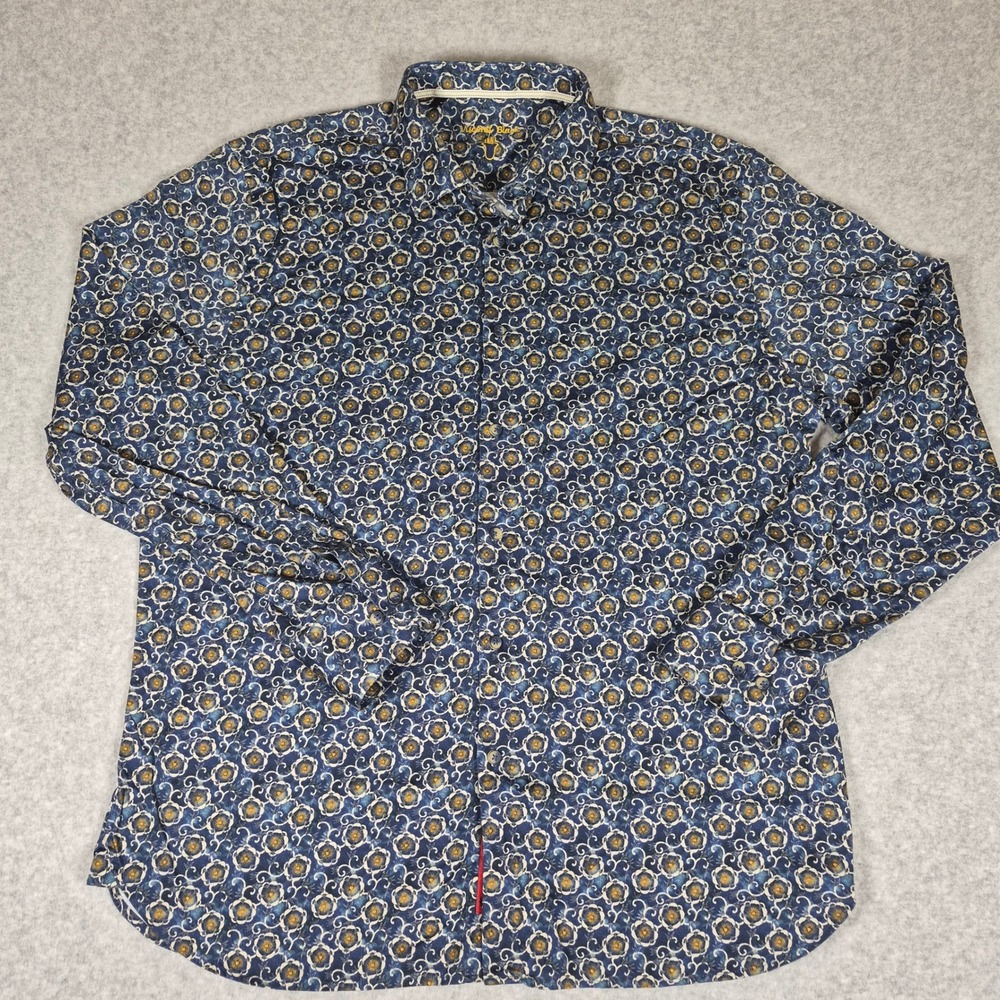 Visconti Black Button Down Shirt Mens XL Blue Floral Medallion Long Sleeve